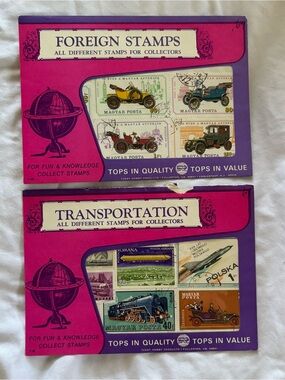 2-Vintage Stamp Display Sheets Transportation Vehicles, Trains and Planes